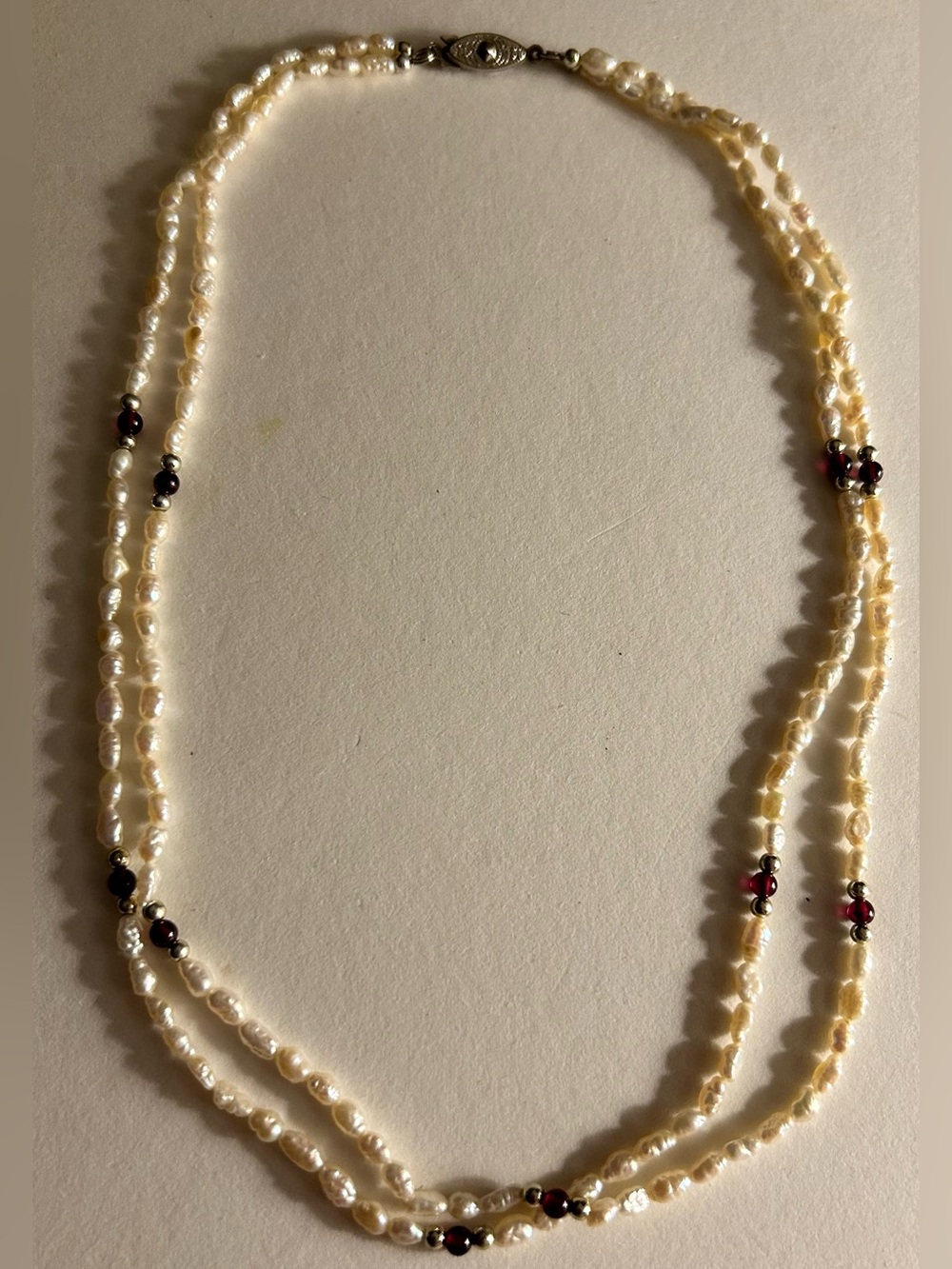 Vintage necklace Garnet beads & Freshwater Pearls w vintage slide clasp 2-strand